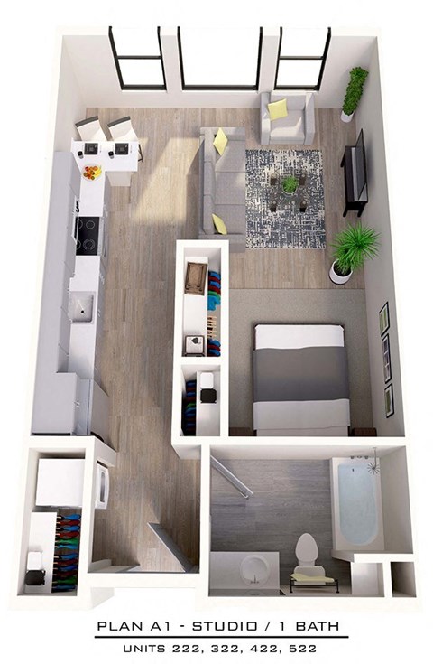 Floor plan for studio, 1 bath, 600 sqft